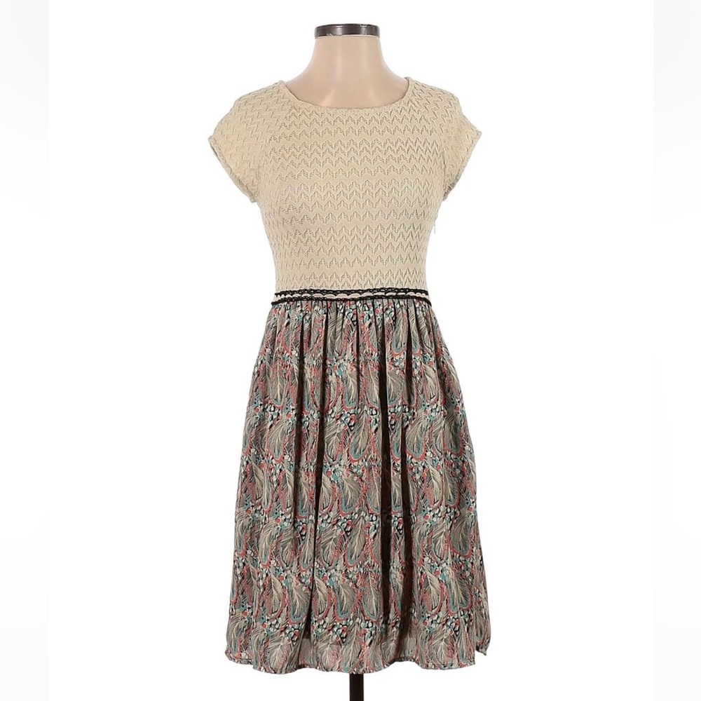 Anthropologie Weston Dress Cream Woven Bodice, Design Skirt A Line Size Medium - Picture 3 of 11